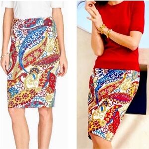 Talbots red blue yellow paisley swirl print canvas pencil skirt Sz 8P NWOT